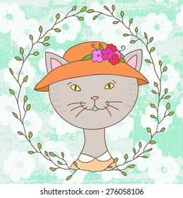 vector portrait of cat with flowers