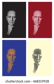 Vector portrait of a caucasian thinking man. Halftone posterization effect, shown in different colors