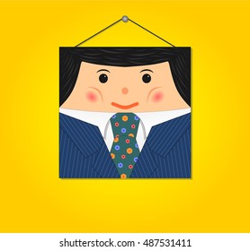 Vector portrait of a character with a suit and tie on yellow wall.