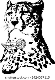 Vector portrait of cheetah drinking cocktail. Isolated on white element for design holiday, funny card, t-shirt print, poster about animals.