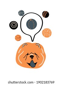 Vector portrait of Chow Chow . Cartoon illustration with dog and balls for print, poster, sticker or card.