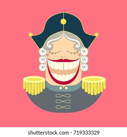 Vector Portrait Of Christmas Flat Nutcracker, Wooden Retro Toy For Crushing Nuts From Russian Ballet, Seasonal Avatar Head In Flat Style.