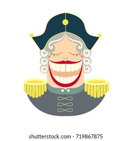 Vector Portrait Of Christmas Flat Nutcracker, Wooden Retro Toy For Crushing Nuts From Russian Ballet, Seasonal Avatar Head In Flat Style.