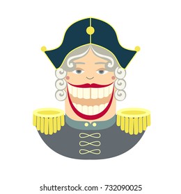 Vector Portrait Of Christmas Flat Nutcracker, Wooden Retro Toy For Crushing Nuts From Russian Ballet, Seasonal Avatar Head In Flat Style.