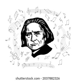 Vector portrait of composer and musician Franz Liszt. Hungarian-German conductor, pianist, teacher, publicist, major representative of musical romanticism. A world famous personality.