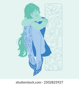 Vector portrait created by hand of a classic woman in Art Nouveau style, with intricate ornaments and flowers, classical influences, and contemporary fashion design, long hair.