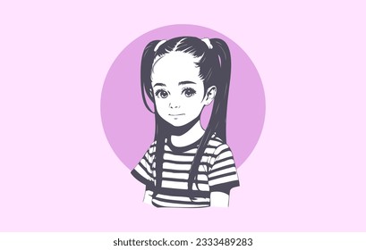Vector portrait of a cute beautiful kawaii anime young girl in a striped t-shirt and long pigtails. Little lady. Pink background.