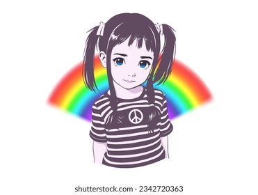 Vector portrait of a cute beautiful pleasant young little kawaii anime girl with big blue eyes, pigtails and a striped t-shirt. Against the backdrop of a rainbow. Symbol of peace.