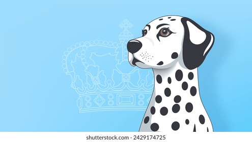 Vector portrait of a cute beautiful purebred black and white devoted dog of royal Dalmatian breed on blue background. Kind puppy.