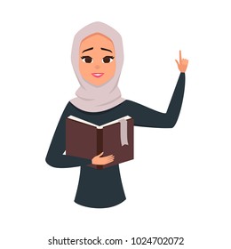 Vector portrait of cute brunette arab woman reading book.Student learning illustration. Arab girl with her hand up as asign of attention