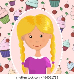 Vector portrait of cute cartoon girl with blond hair.