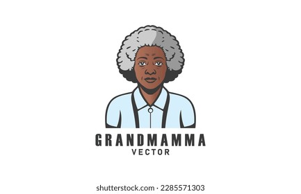 Vector portrait of a cute elderly African grandmother with a lush gray hairdo. Logo, sticker or icon. White isolated background.