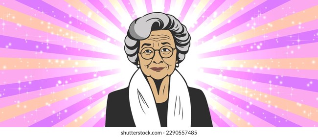 Vector portrait of a cute elderly grandmother with a hairstyle and glasses and a scarf against the background of bright rays, stars and sparks.