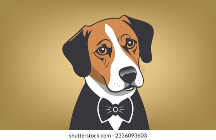 Vector portrait of a cute friendly beagle dog. Beautiful thoroughbred hunting puppy. British breed. Doggy gentleman in a bow tie.