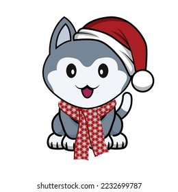 Vector portrait of cute husky dog wearing santa hat and scarf. Skecthed color illustraion. mascot, Christmas, Xmas, New year. Party decoration, promotion, greeting card.