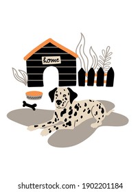 Vector portrait of Dalmatian. Cartoon illustration with dog and doghouse for print, poster, sticker or card.