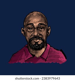 Retrato vectorial de un hombre de piel oscura con cabeza calva y bigote.