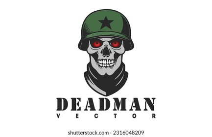 Vector portrait of a dead man soldier in a military helmet and with red eyes. Logo, sticker or emblem. White isolated background.