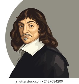 Retrato vectorial de René Descartes, el famoso filósofo y científico. Retrato superdetallado y proporcional inspirado en la pintura de Frans Hals.