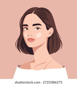 Diseño de retrato de Vector de una hermosa mujer joven con cabello castaño oscuro y una expresión neutra. Fondo de melocotón suave. Ideal para avatares de belleza, moda, cuidado de la piel y redes sociales