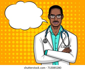 Vector Portrait Of A Doctor With Glasses. A Male Doctor With A Stethoscope Holds His Hands On His Chest. A Afro American Guy Doctor In A Medical Robe Over The Halftone Background