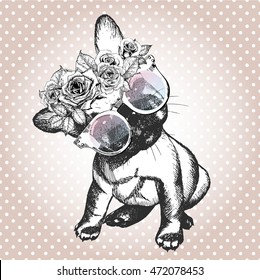 Vector portrait of dog, wearing the floral wreath and sunglasses. Hand drawn vintage trendy illustration. French bulldog breed. Isolated on polka dot and rose gold background. 