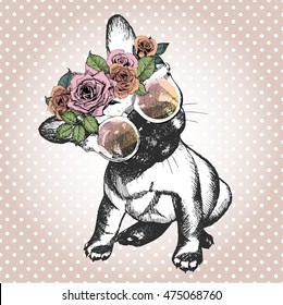 Vector portrait of dog, wearing the floral wreath and sunglasses. Hand drawn vintage trendy illustration. French bulldog breed. Isolated on polka dot and rose gold background. 