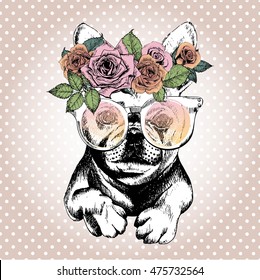 Vector portrait of dog, wearing the floral wreath and sunglasses. Hand drawn vintage trendy illustration. French bulldog breed. Isolated on polka dot and rose gold background. 