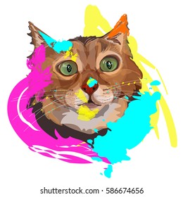 Vector portrait of a domestic cat, cat in bright yellow pink and turquoise paint spots. Festive illustration for Indian Holi festival.