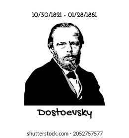 Vector Portrait Of Dostoevsky Fyodor Mikhailovich. The Great Russian Writer, Short Story Writer, Essayist, Journalist And Philosopher. Celebrity Anniversary.