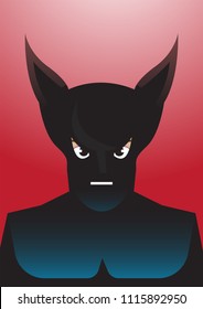 Vector portrait drawing of  bat eared Superhero on red background, Role model, protector, villain, hero concept illustration.