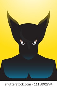 Vector portrait drawing of bat eared Superhero on yellow background, Role model, protector, villain, hero concept illustration.