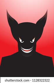 Vector portrait drawing of bat eared, grin smiled Superhero silhouette on red background, Role model, protector, villain, hero concept illustration.