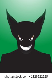 Vector portrait drawing of bat eared Superhero silhouette on green background, Role model, protector, villain, hero concept illustration.