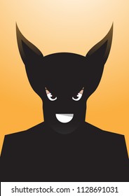 Vector portrait drawing of bat eared Superhero silhouette on orange background, Role model, protector, villain, hero concept illustration.