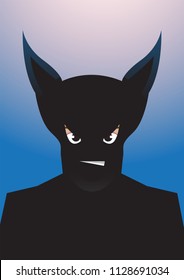 Vector portrait drawing of bat eared Superhero silhouette on blue background, Role model, protector, villain, hero concept illustration.