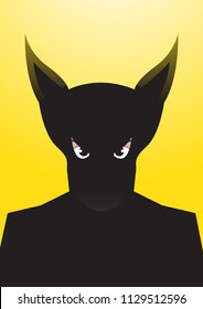 Vector portrait drawing of bat eared Superhero silhouette on yellow background, Role model, protector, villain, hero concept illustration.