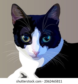 Vector portrait drawing of a cat. Beautiful kitty with yellow eyes. For printing on fabric paper wallpaper.