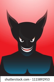Vector portrait drawing of evil grin smiling, bat eared Superhero on red background, Role model, protector, villain, hero concept illustration.