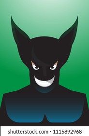 Vector portrait drawing of evil grin smiled, bat eared Superhero on green background, Role model, protector, villain, hero concept illustration.