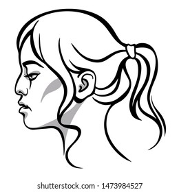 Vector portrait drawing of profile of young beautiful Asian woman with ponytail hairstyle. Sexy and attractive. Line art. White background, isolated. Fashion illustration.