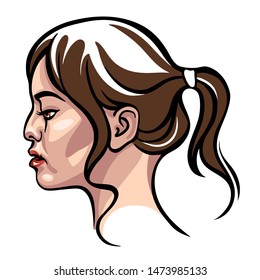 Vector portrait drawing of profile of young beautiful Asian woman with ponytail hairstyle. Sexy and attractive. White background, isolated. Fashion illustration.