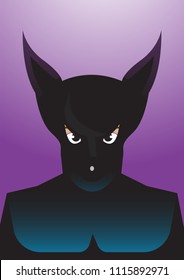 Vector portrait drawing of surprised faced, bat eared Superhero on purple background, Role model, protector, villain, hero concept illustration.