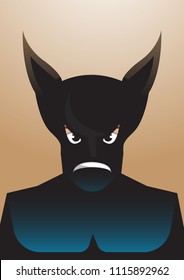 Vector portrait drawing of very angry faced, bat eared Superhero on brown background, Role model, protector, villain, hero concept illustration.