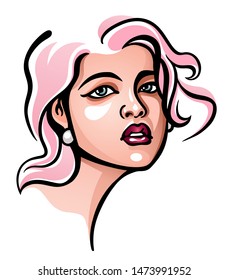 Vector portrait drawing of young beautiful Asian woman with pink hair and red lips. Sexy and attractive. White background, isolated. Fashion illustration.