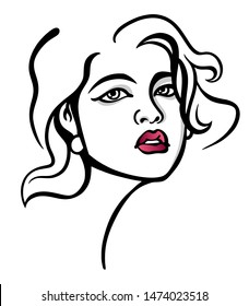 Vector portrait drawing of young beautiful Asian woman with opened red lips. Sexy and attractive. Line art drawing on white background, isolated. Fashion illustration.