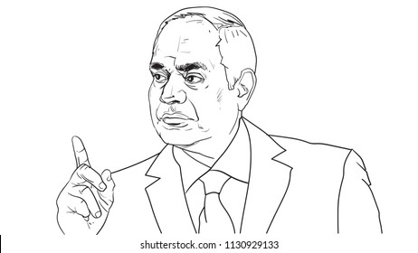 Vector Portrait Of Egypt President Abdel Fattah El-Sisi, As Known Sisi, Line Art Drawing Sketchy Illustration