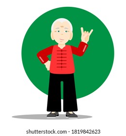 Vector portrait of an elderly Asian man showing the sign of the horns. The best grandfather. Cool grandpa. International Day of Older Person.