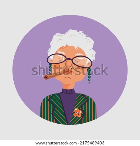 Vector portrait of an elderly stylish woman with glasses and a cigar. Illustration of an old woman in a green jacket, purple turtleneck with a short gray haircut