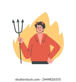 Vector portrait of an evil man with devil horns and a trident on a background of fiery flames. Illustration Ideal for depicting bad people or Halloween costumes.